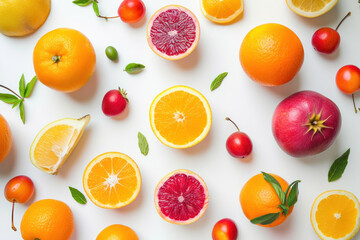 Top view of variety fruits on white background, Flat lay minimal fashion summer holiday concept.