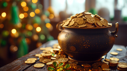 Pot full of gold coins with green specks. Conceptual background for St. Patricks Day holiday.