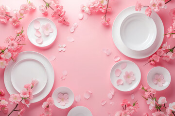 Top view white plates with pink sakura flower flowers on pastel pink background, Flat lay minimal