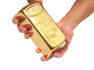 Hand holding a gold bar isolated