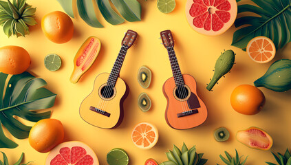 Summer Melody: A Vibrant Display of Classic Guitars Amidst Fresh Tropical Fruits on a Warm Yellow Background - Ideal for Music and Summer Themes