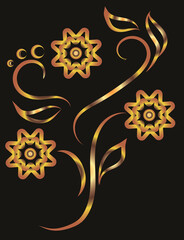 Fantasy illustration with flowers and leaves. Ornament, applique, background with space for an inscription. Gold gradient on a black background for printing on fabric, applique and cards.