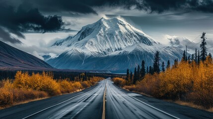  a snow covered mountain in the distance with a road in the foreground and trees on both sides of the road in the foreground, with a dark sky and clouds in the background. - obrazy, fototapety, plakaty