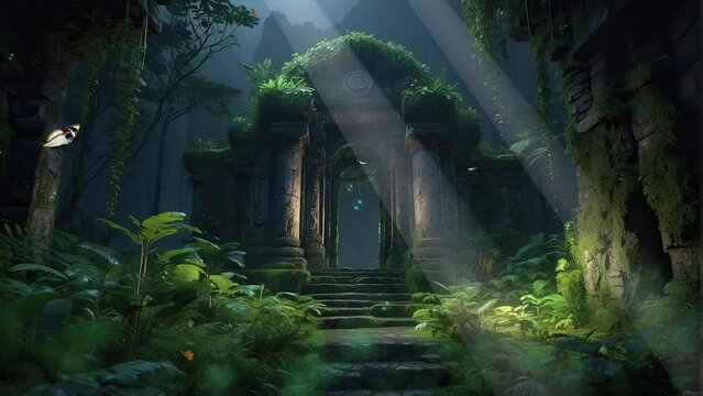 Immersive Sun-Drenched Mossy Fantasy Castle Ruins in a Enchanted Forest. Stone Arch Bridge Over a Cobblestone Lane. Looping Animated Backdrop