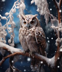  an owl sitting on top of a tree branch in a snowy forest with snow flakes on the branches and snow flakes on the branches and snow flakes on the ground.