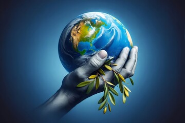 a hand holding the Earth adorned with an olive branch, symbolizing peace and unity