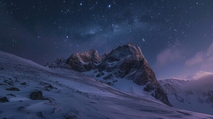  a mountain covered in snow under a night sky filled with stars and a star filled sky with clouds and stars, with a few clouds and a few stars in the foreground. - obrazy, fototapety, plakaty