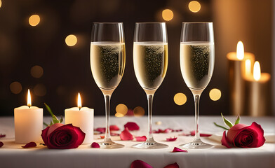 Three glasses, Champagne flutes clinking, simplistic romantic atmosphere, faint candlelight glow, ambient soft focus, rose petals scattered on a white linen tablecloth. Generative AI