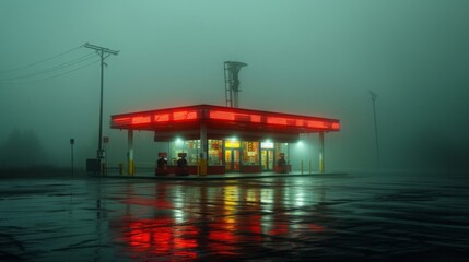 Gas station, film poster, no persons, in the style of vhs, character-driven, airbrush style
