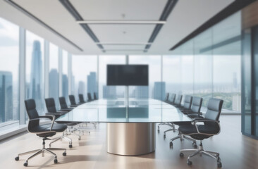 Defocused abstract Conference Room with big desk table, presentation TV, Infographics, Statistics, Graphs. E-Commerce Startup. Blurred empty modern city office. Business open space interior. Finance