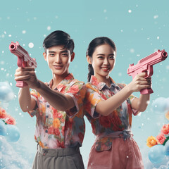 Cheerful smiling teenager. Having fun playing in the water with a water gun. Due to the Songkran Festival