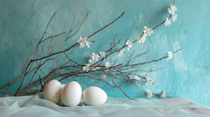  three white eggs sitting on top of a bed next to a twig and a branch with white flowers in front of a teal wall with a blue background.