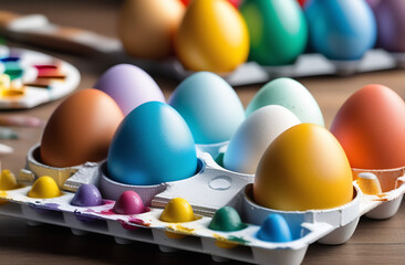 close-up of selection of colorful easter eggs and paint palettes with brushes on table