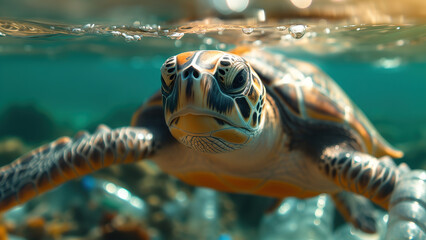 Fototapeta premium Plastic pollution, movement of a turtle swimming in dirty water