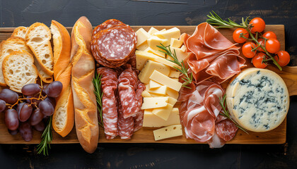 flat lay of a wooden board with many different kinds of cheese, meat, and bread, in the style of...