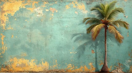 a bright-colored wall and a palm tree next to it, a place for a test, a summer banner