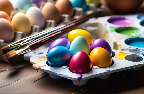 close-up of selection of colorful easter eggs and paint palettes with brushes on table