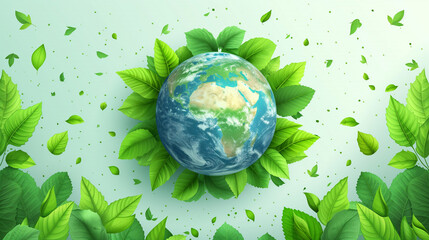 A vibrant illustration of Earth surrounded by lush green leaves, depicting a theme of global environmental care and nature.