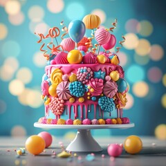 Fototapeta na wymiar Best ever birthday cake for child's birthday, bright colors, lots of decor, isolated on bright blurred background, photorealistic, professional studio photo