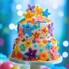 Best ever birthday cake for child's birthday, bright colors, lots of decor, isolated on bright blurred background, photorealistic, professional studio photo
