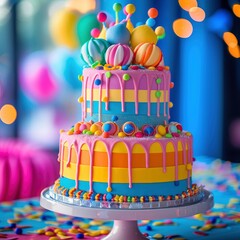Best ever birthday cake for child's birthday, bright colors, lots of decor, isolated on bright blurred background, photorealistic, professional studio photo