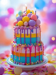 Best ever birthday cake for child's birthday, bright colors, lots of decor, isolated on bright blurred background, photorealistic, professional studio photo