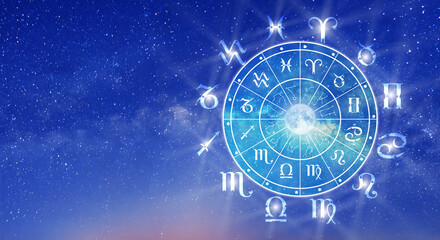 Astrological zodiac signs inside of horoscope circle. Astrology, knowledge of stars in the sky over the milky way and moon. The power of the universe concept.