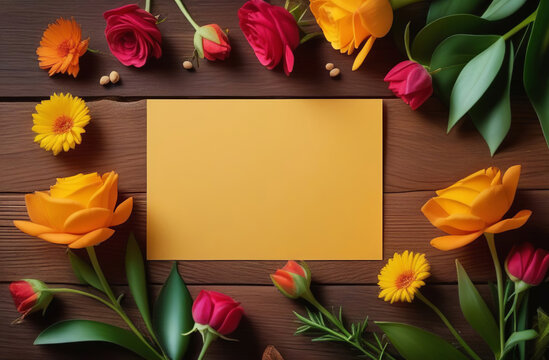 Blank empty cardstock sheet Invitation without text, invitation mockup. Dry pampas, yellow flowers, brown desk. Flat lay, top view. Paper card floral mock up. Modern colorful business brand template.