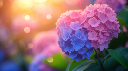 Hydrangea macrophylla bush with pink and blue flowers  on the right,  bokeh, atmospheric photo