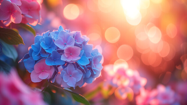 Hydrangea macrophylla bush with pink and light blue flowers, bokeh, atmospheric photo