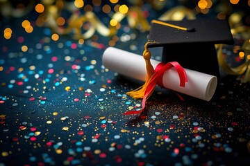 Graduation greeting card template with festive background, blank space for text, colorful, bright