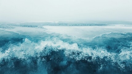  an aerial view of a large body of water with ice on the water and trees on the shore in the distance in a foggy, overcast, overcast day.