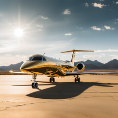 Fototapeta na wymiar Gold private jet on a runway 