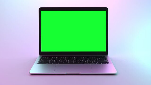 Laptop opening with green screen for content replacement, mockups or advertising