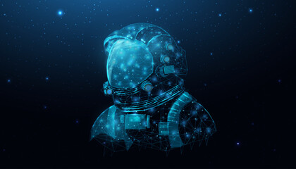 Wireframe astronaut in space galaxy close up. Futuristic polygonal cosmonaut helmet, space tourism concept. Starry abstract background with glowing human. Vector illustration
