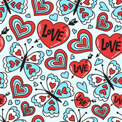 Doodle retro love seamless pattern. Hearts with butterfly in cartoon style seamless background. Red and blue outline elements on white background. Vector illustration