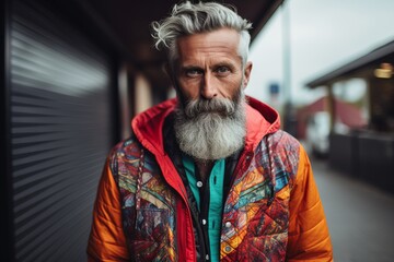 Portrait of a handsome senior man with gray beard and mustache in colorful jacket outdoors.
