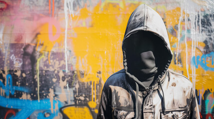 Fototapeta na wymiar Hooded figure in front of graffiti wall.