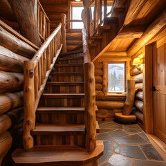 Obraz na płótnie Canvas Natural wood staircase in a cabin 