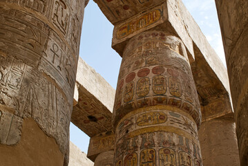 Ancient Columns and hieroglyphs at Karnak Temple. Egypt