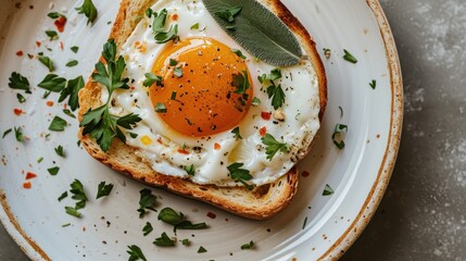  a white plate topped with a piece of bread and an egg on top of a piece of bread with a leafy green sprig of parsley on top.