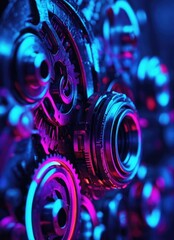 Fototapeta na wymiar Glowing Mechanism 3D Illustration of Gears with Neon Lights in Technology Concept