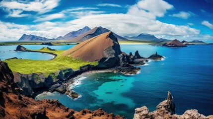 Volcanic Coastline with Mountains in the Distance - obrazy, fototapety, plakaty