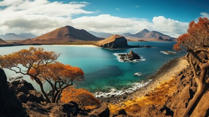 Volcanic Coastline with Mountains in the Distance - obrazy, fototapety, plakaty