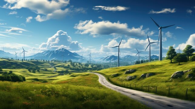 Wind Turbines Along a Country Road in a Green Valley