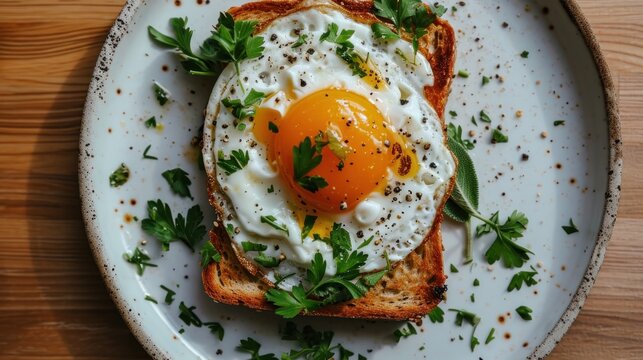  a white plate topped with a piece of toast covered in an egg on top of a piece of bread and garnished with parsley on a wooden table.