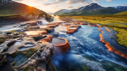 Sunrise over Geothermal Hot Springs in Mountain Valley