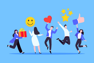 Employee feedback work satisfaction survey business concept flat vector illustration. Employee or customer feedback rating opinion with people and social icons - thumb, smile emoji, stars and heart.