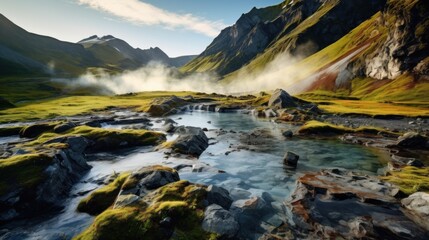 Sunrise over Geothermal Hot Springs in Mountain Valley