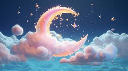 A whimsical crescent moon illustration in the fluffy clouds in the sky among the stars